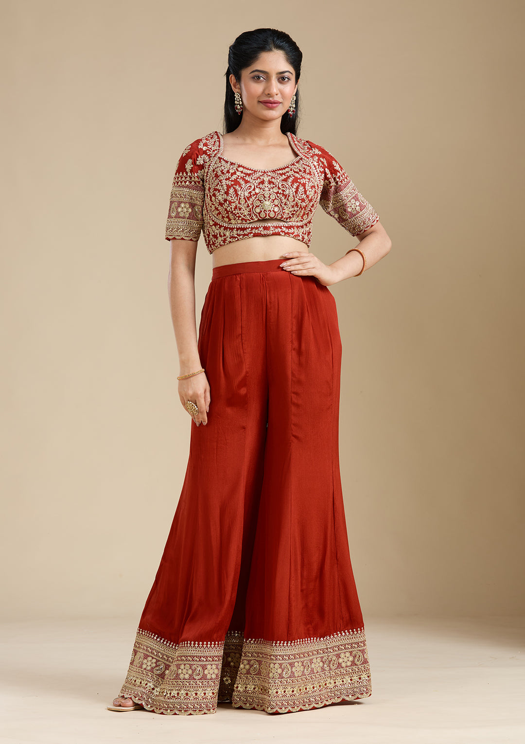 Rust Zariwork (Gold) Chiffon Readymade Salwar Suit