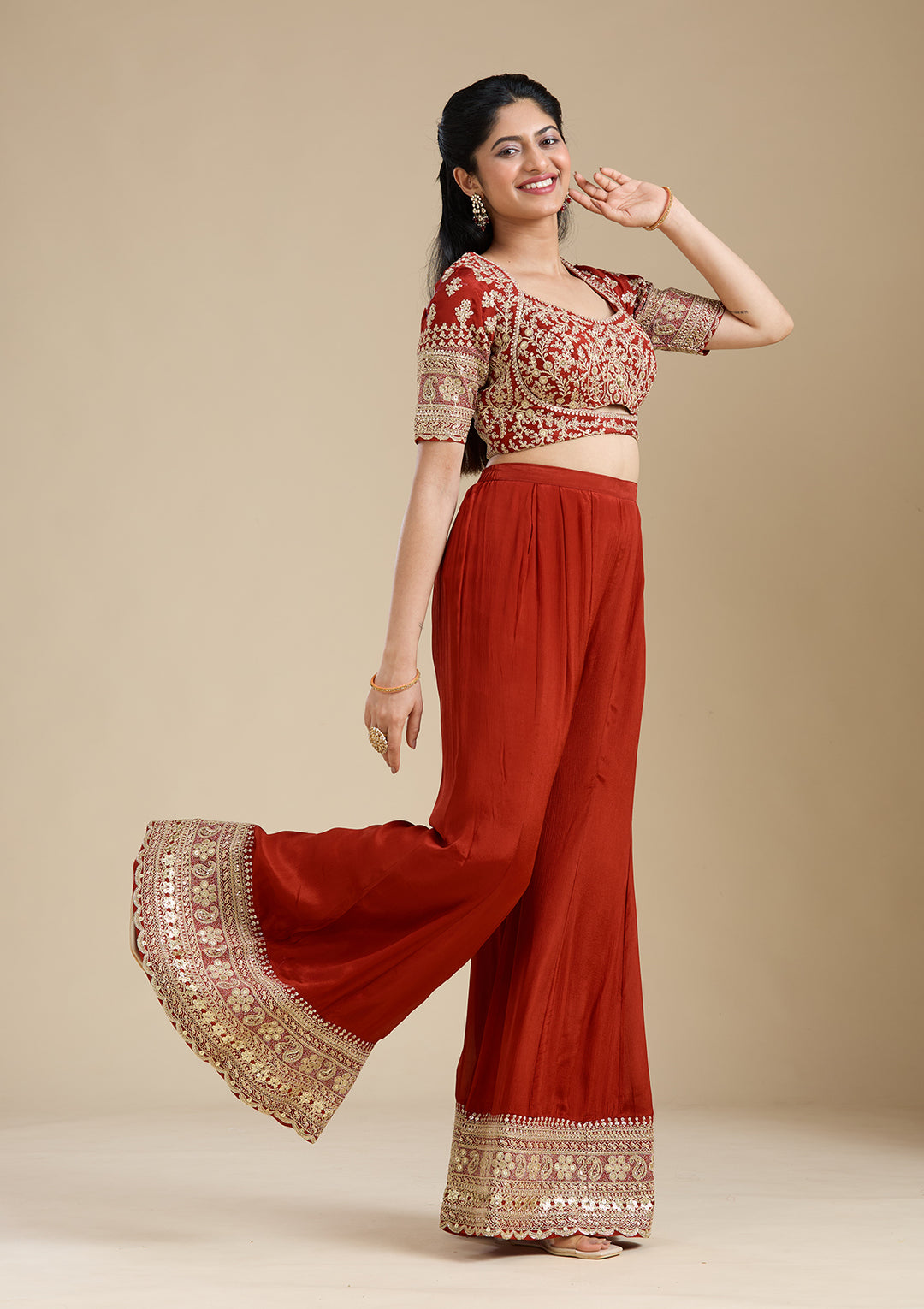 Rust Zariwork (Gold) Chiffon Readymade Salwar Suit