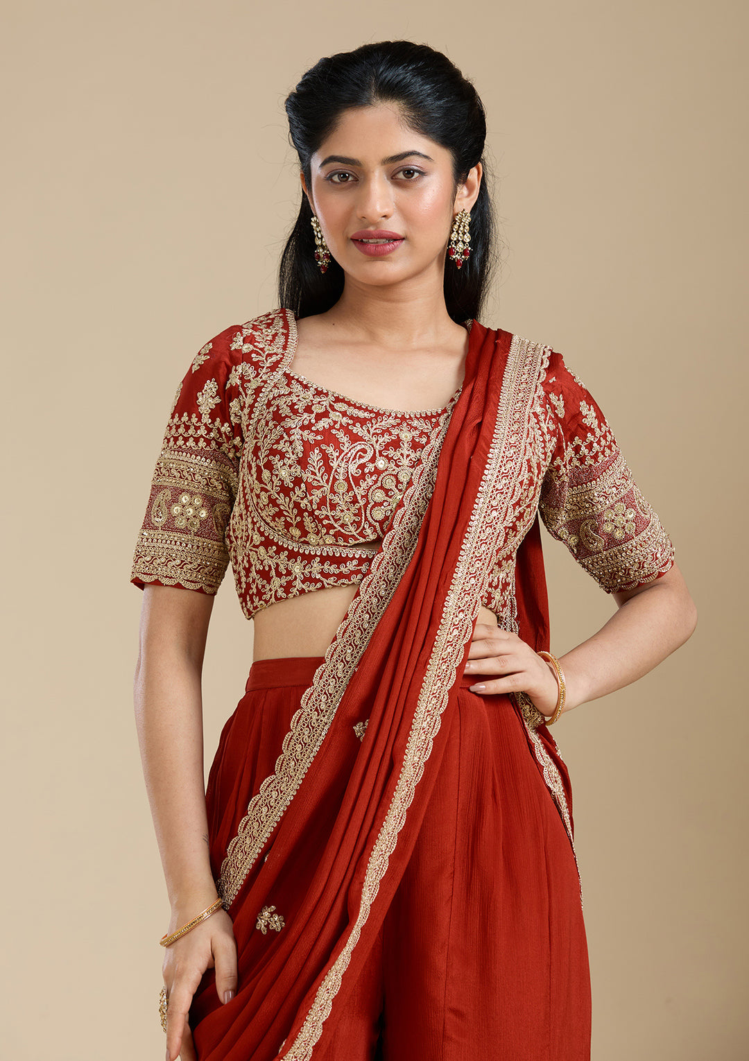 Rust Zariwork (Gold) Chiffon Readymade Salwar Suit