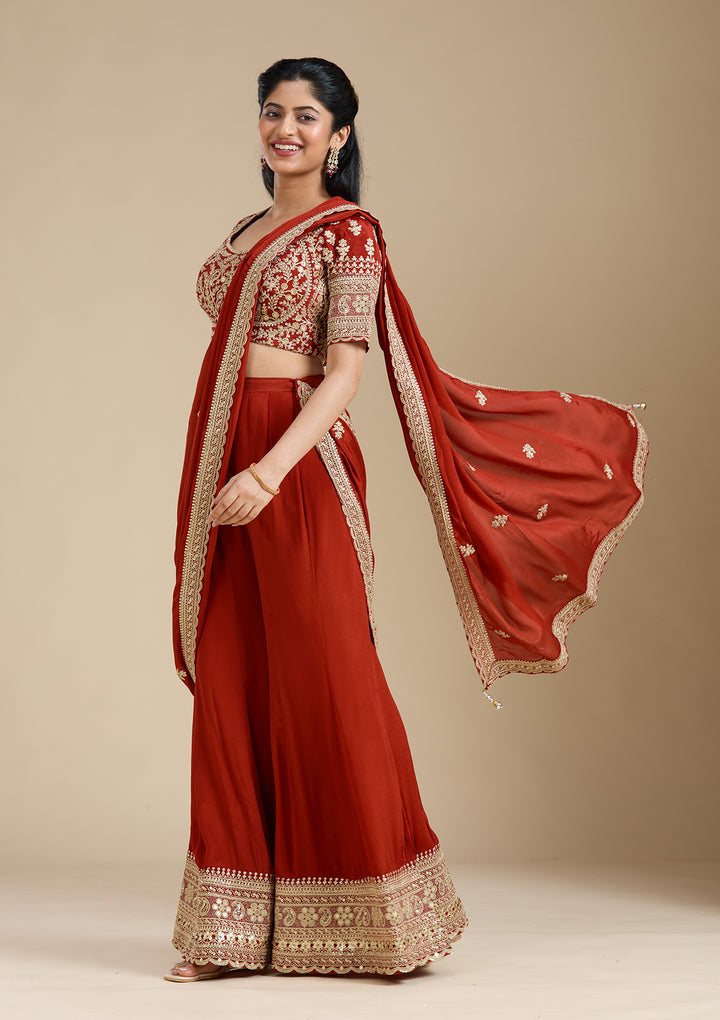 Rust Zariwork (Gold) Chiffon Readymade Salwar Suit