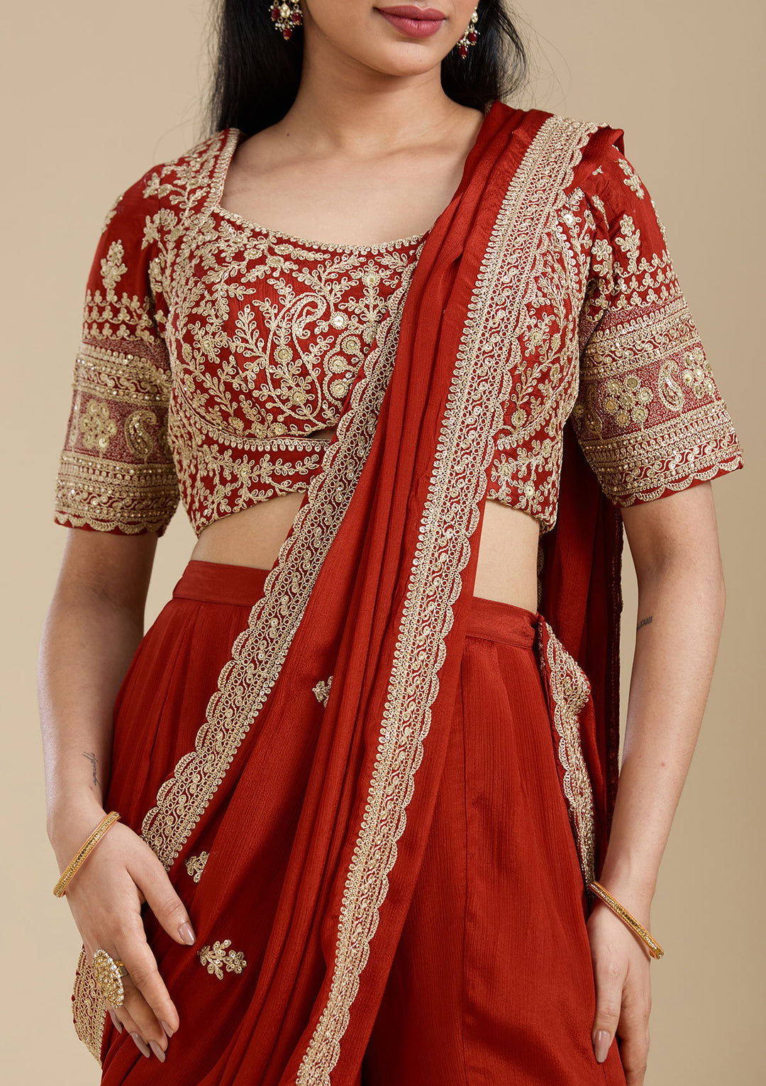 Rust Zariwork (Gold) Chiffon Readymade Salwar Suit