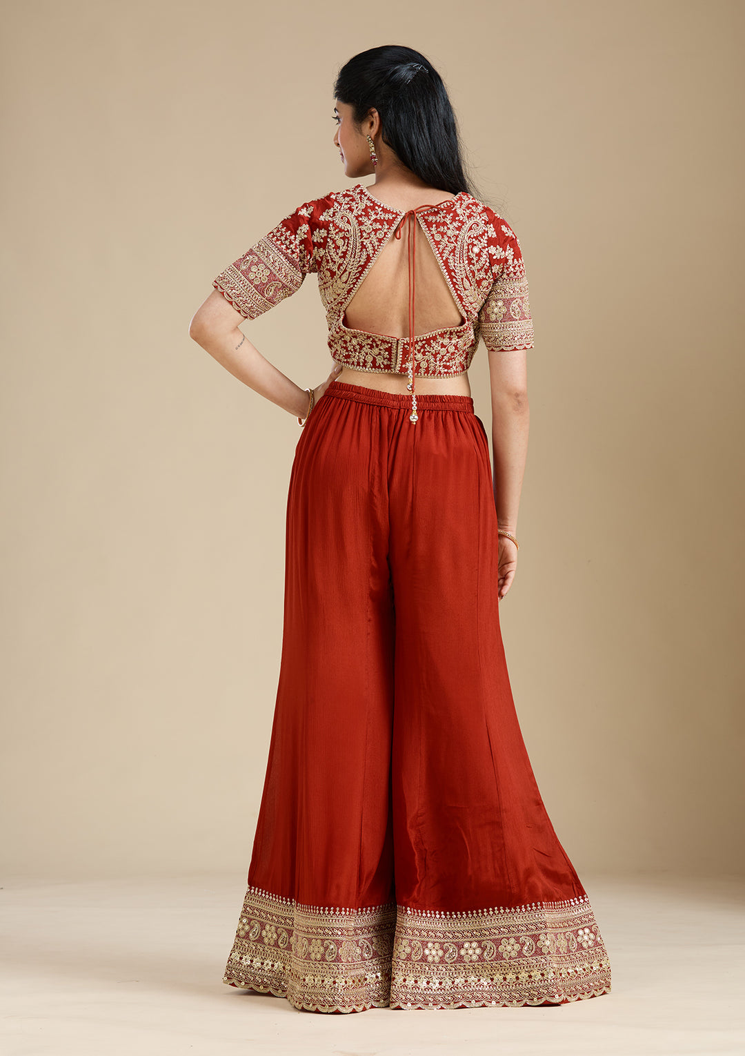 Rust Zariwork (Gold) Chiffon Readymade Salwar Suit