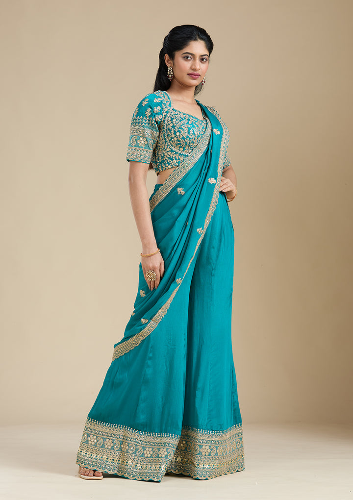 Turquoise Blue Zariwork (Gold) Chiffon Readymade Salwar Suit