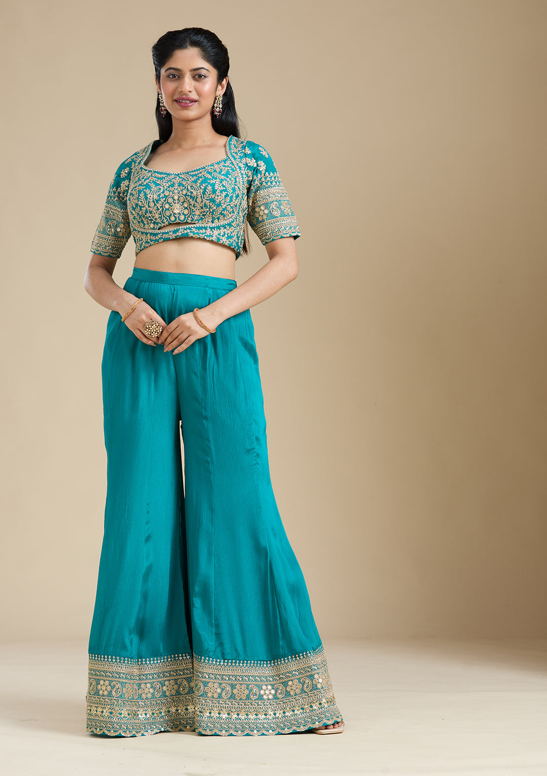 Turquoise Blue Zariwork (Gold) Chiffon Readymade Salwar Suit