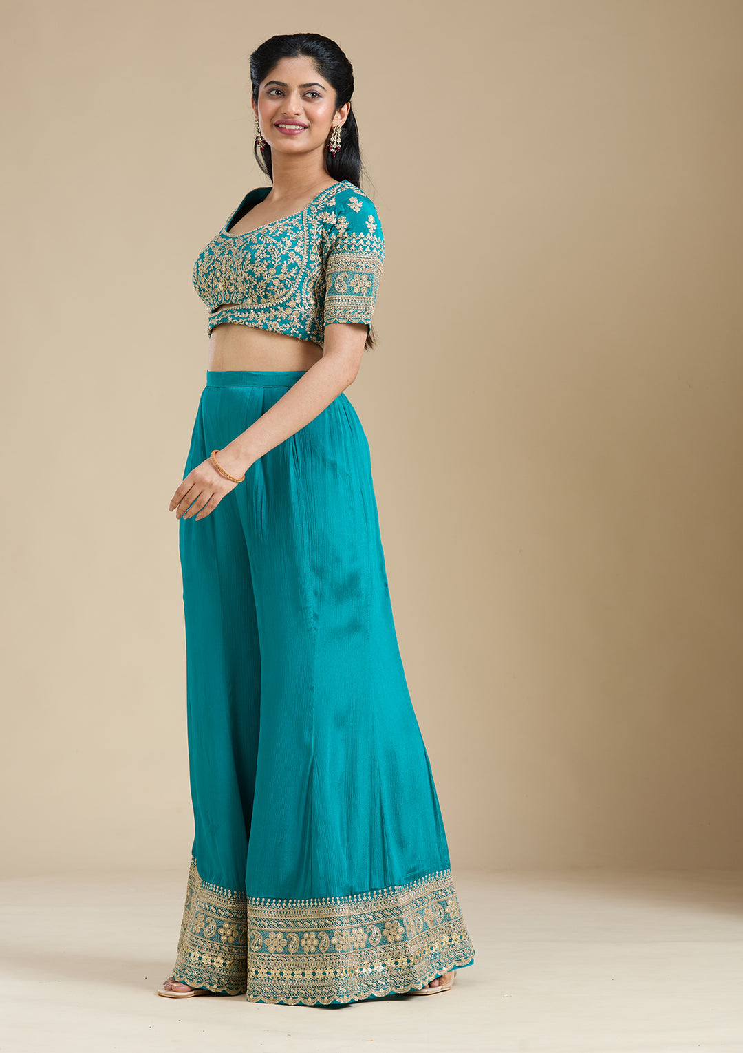 Turquoise Blue Zariwork (Gold) Chiffon Readymade Salwar Suit