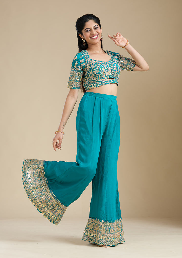Turquoise Blue Zariwork (Gold) Chiffon Readymade Salwar Suit