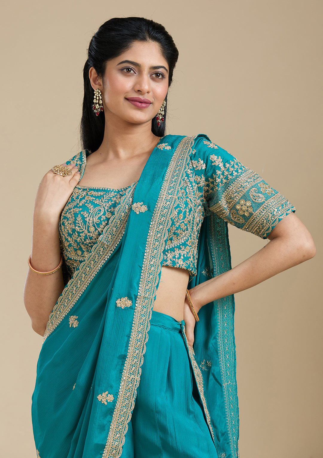 Turquoise Blue Zariwork (Gold) Chiffon Readymade Salwar Suit