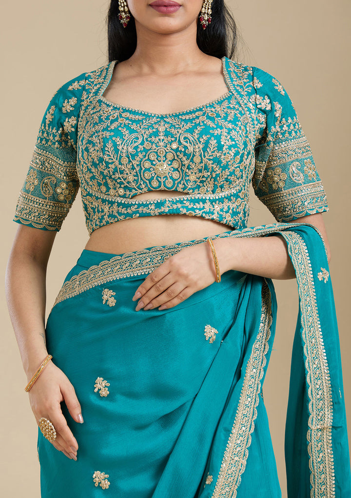 Turquoise Blue Zariwork (Gold) Chiffon Readymade Salwar Suit