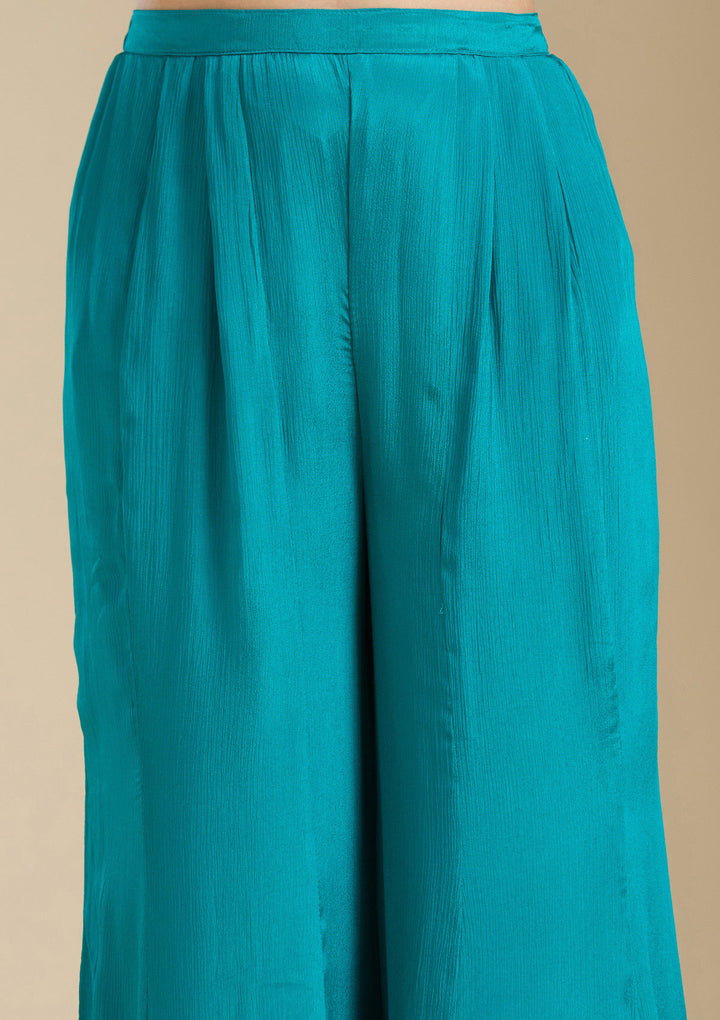 Turquoise Blue Zariwork (Gold) Chiffon Readymade Salwar Suit