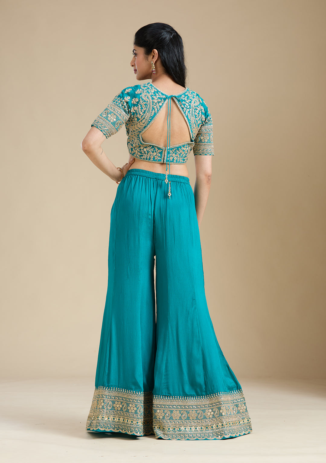 Turquoise Blue Zariwork (Gold) Chiffon Readymade Salwar Suit