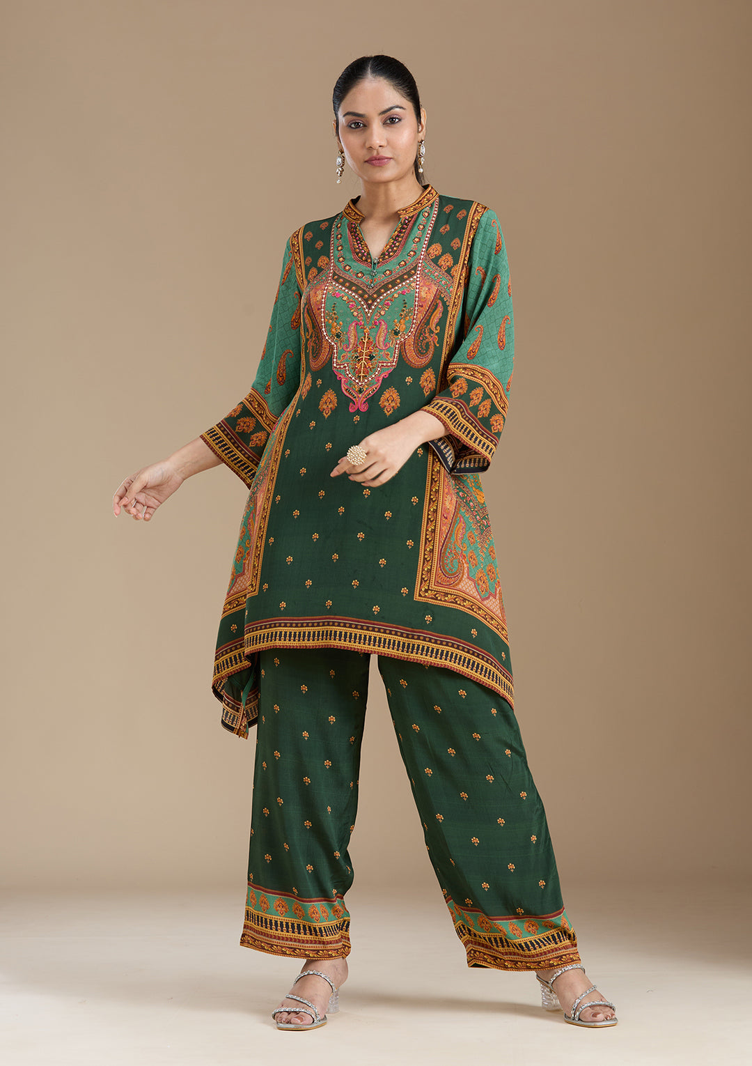 Teal Green Crepe Abstract Geometric High Low Kurta With Regular Pant And Dupatta