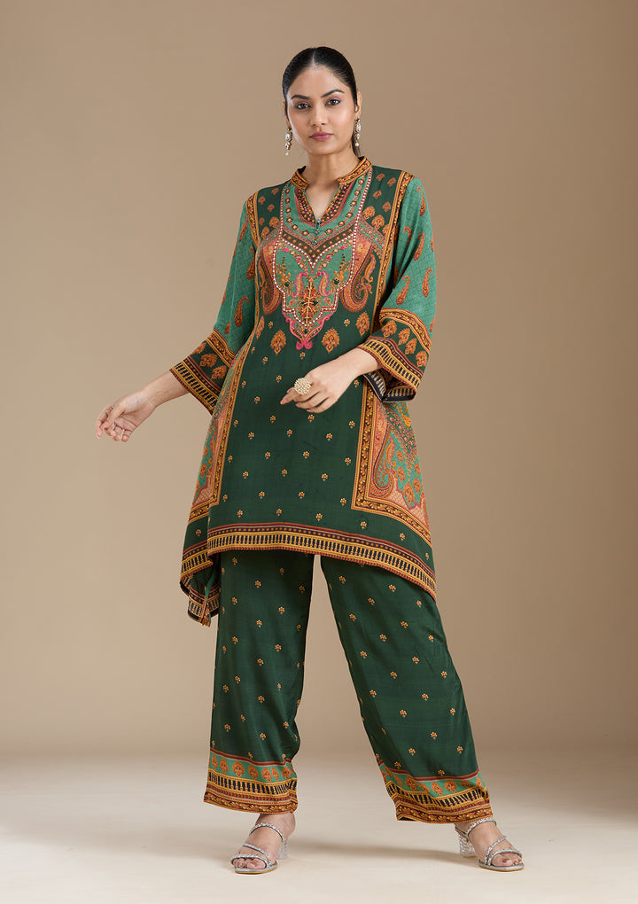Teal Green Crepe Abstract Geometric High Low Kurta With Regular Pant And Dupatta