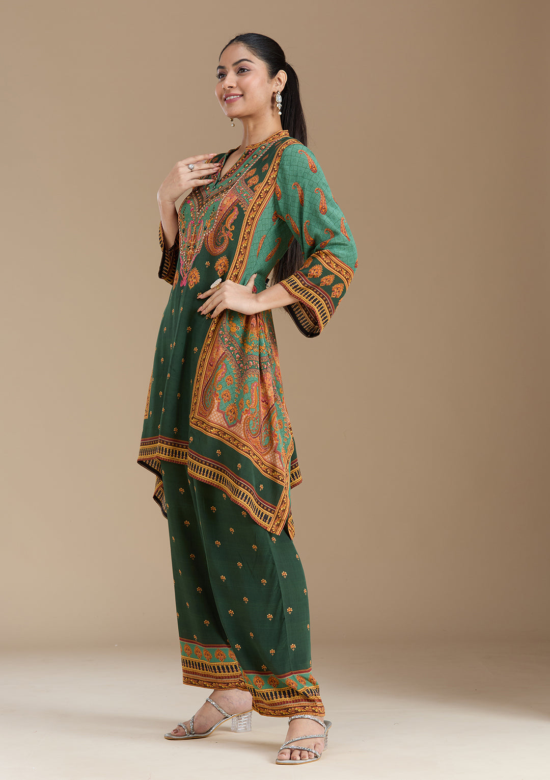 Teal Green Crepe Abstract Geometric High Low Kurta With Regular Pant And Dupatta