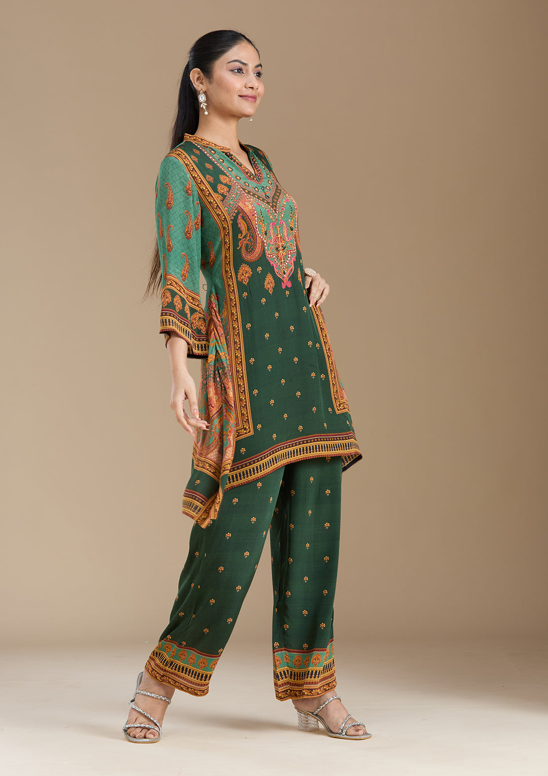 Teal Green Crepe Abstract Geometric High Low Kurta With Regular Pant And Dupatta