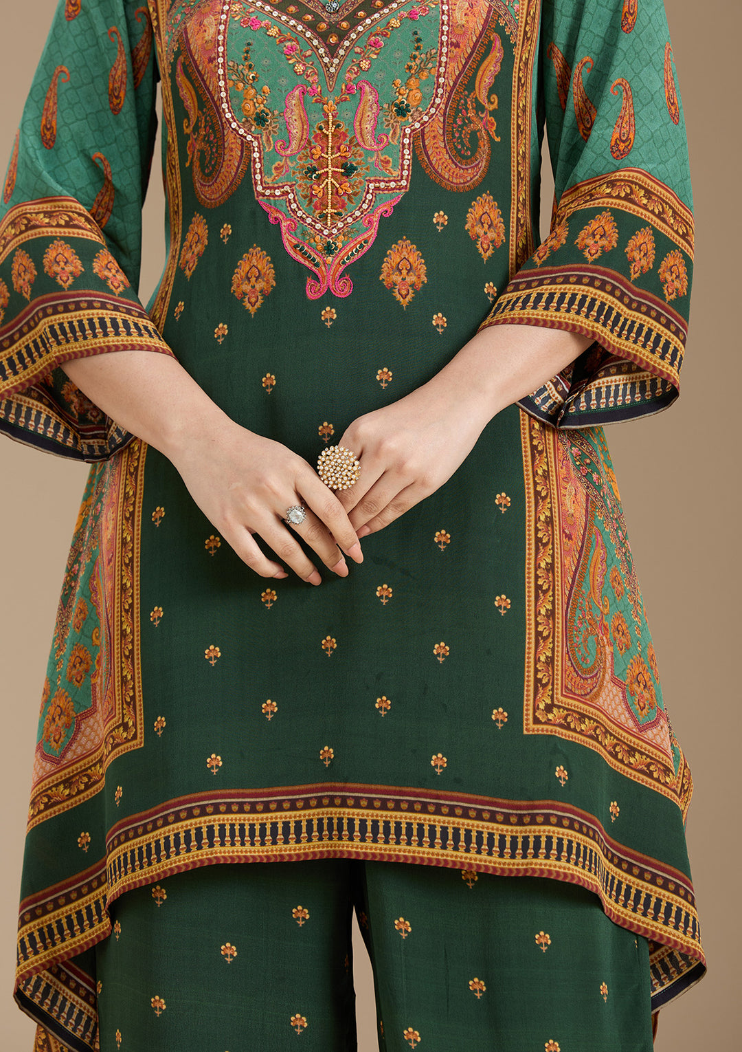 Teal Green Crepe Abstract Geometric High Low Kurta With Regular Pant And Dupatta