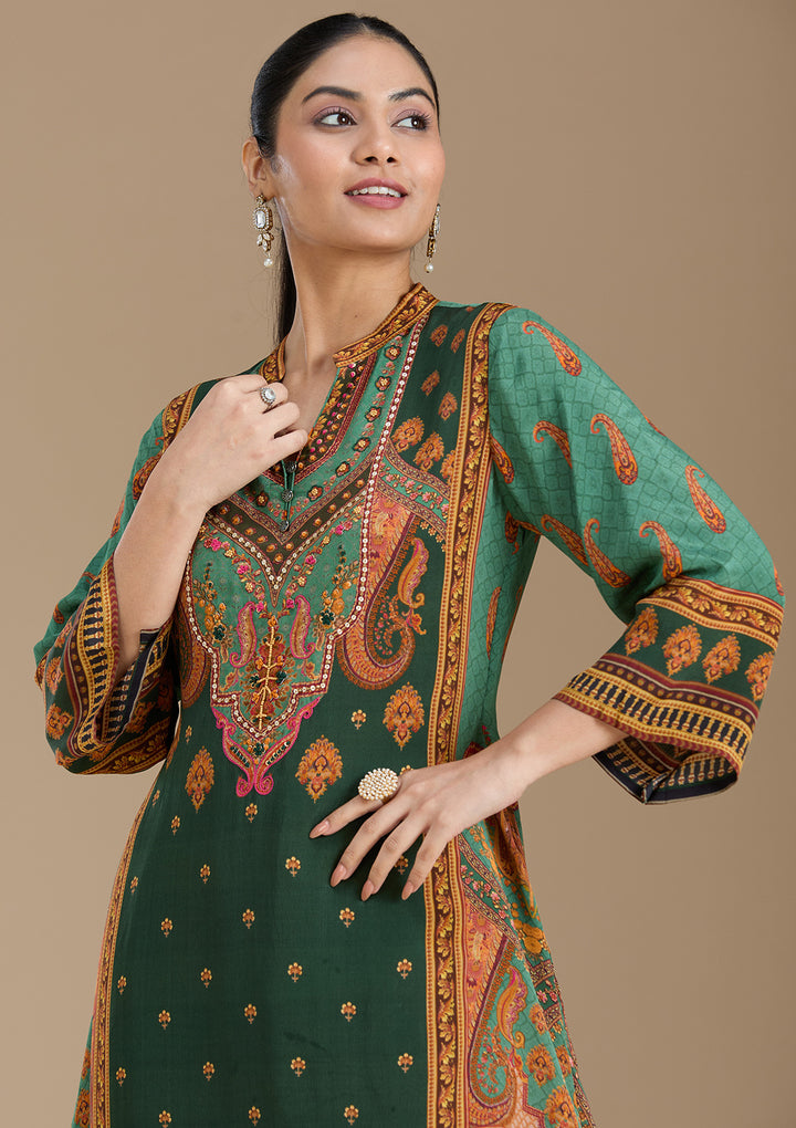 Teal Green Crepe Abstract Geometric High Low Kurta With Regular Pant And Dupatta