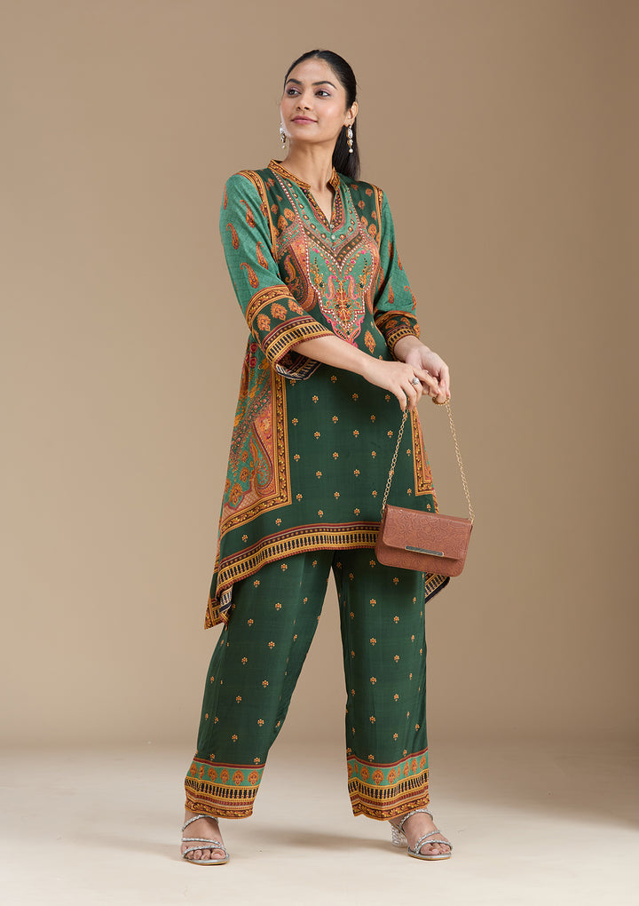 Teal Green Crepe Abstract Geometric High Low Kurta With Regular Pant And Dupatta