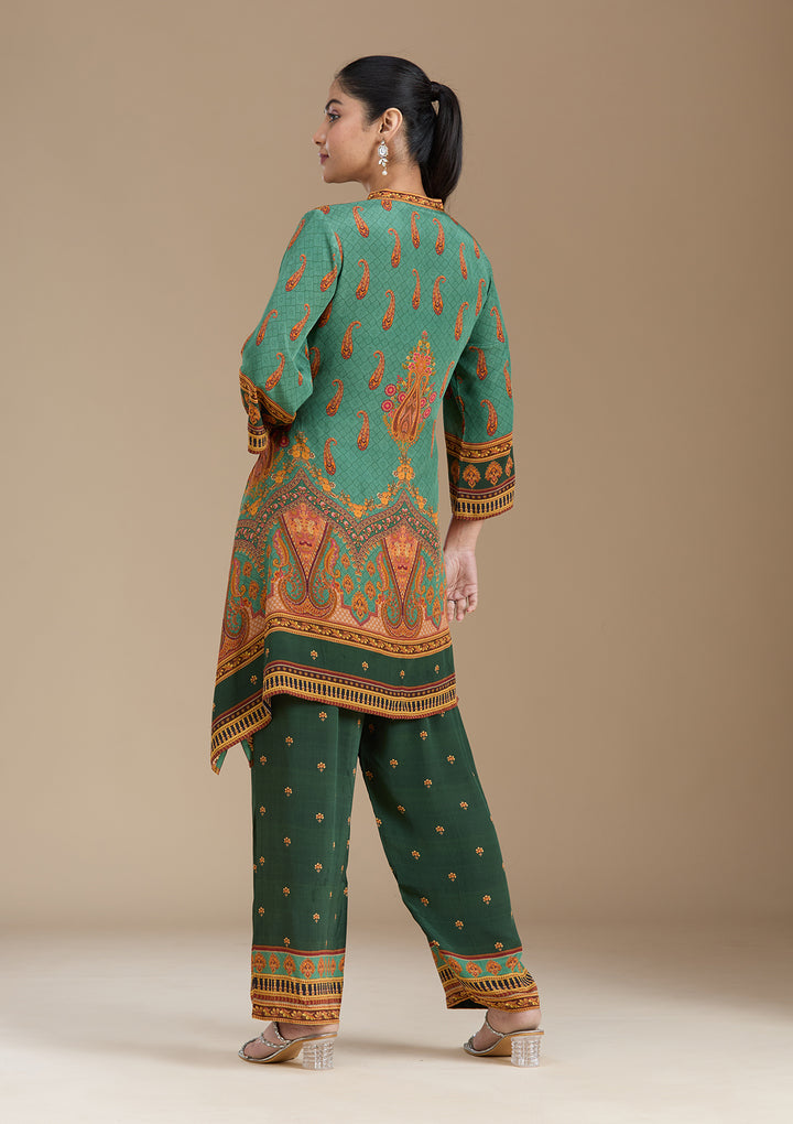Teal Green Crepe Abstract Geometric High Low Kurta With Regular Pant And Dupatta