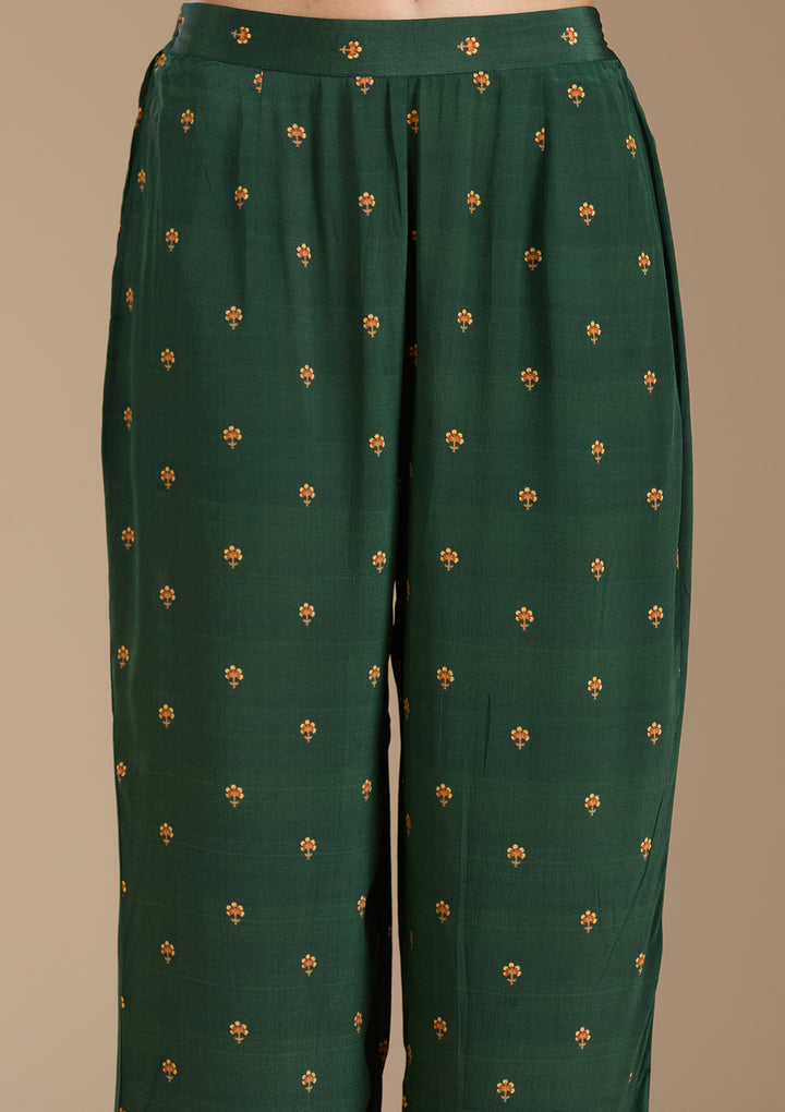 Teal Green Crepe Abstract Geometric High Low Kurta With Regular Pant And Dupatta