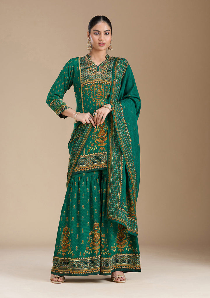 Teal Green Printed Crepe Readymade Salwar Suit