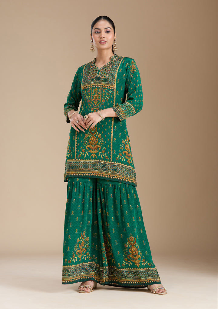 Teal Green Printed Crepe Readymade Salwar Suit