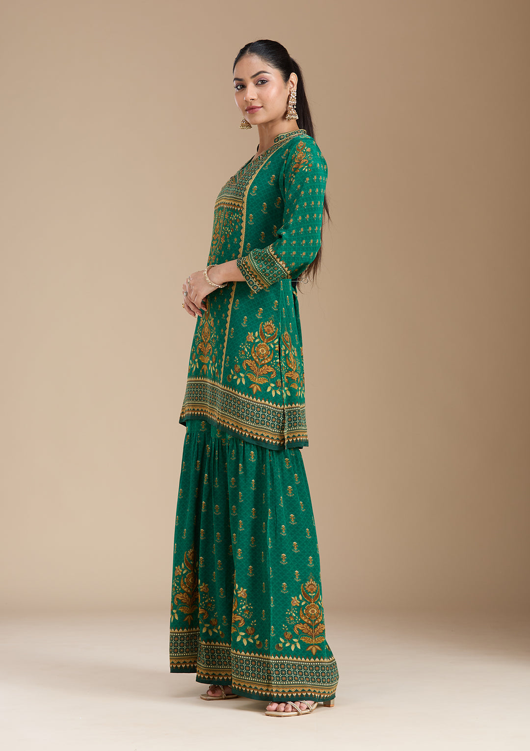 Teal Green Printed Crepe Readymade Salwar Suit