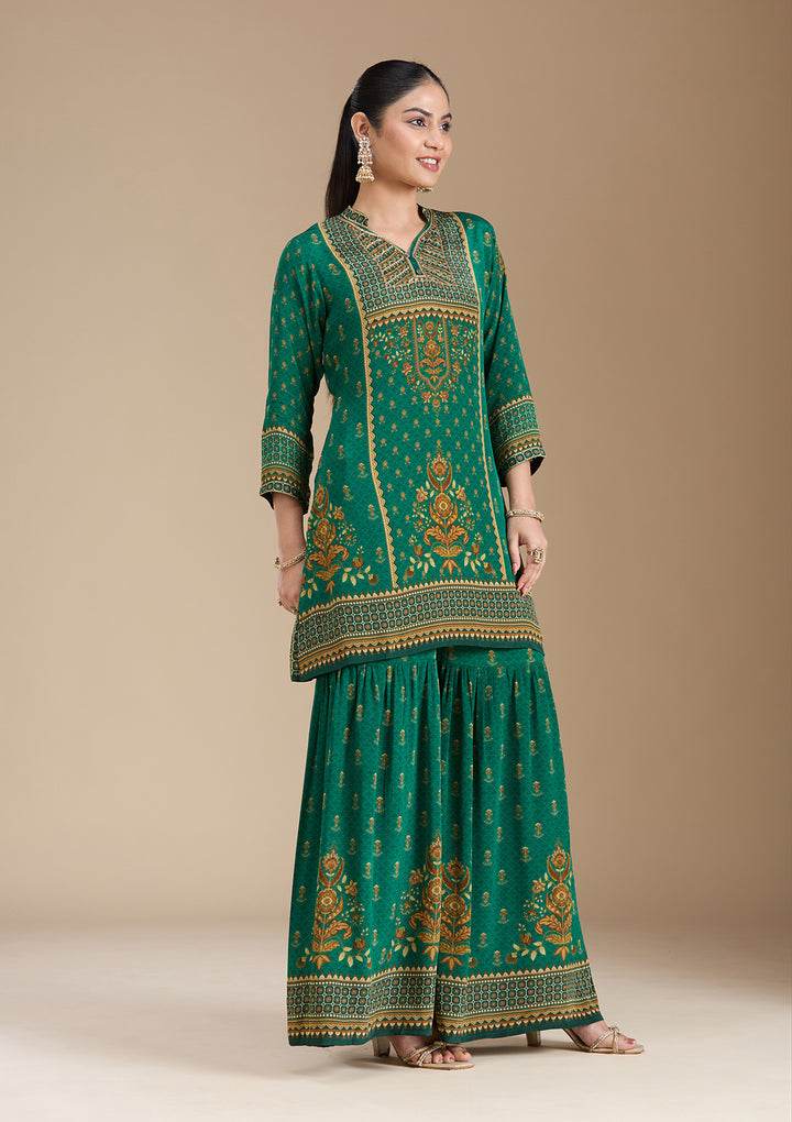 Teal Green Printed Crepe Readymade Salwar Suit