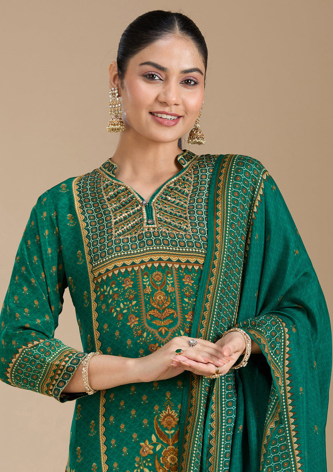 Teal Green Printed Crepe Readymade Salwar Suit