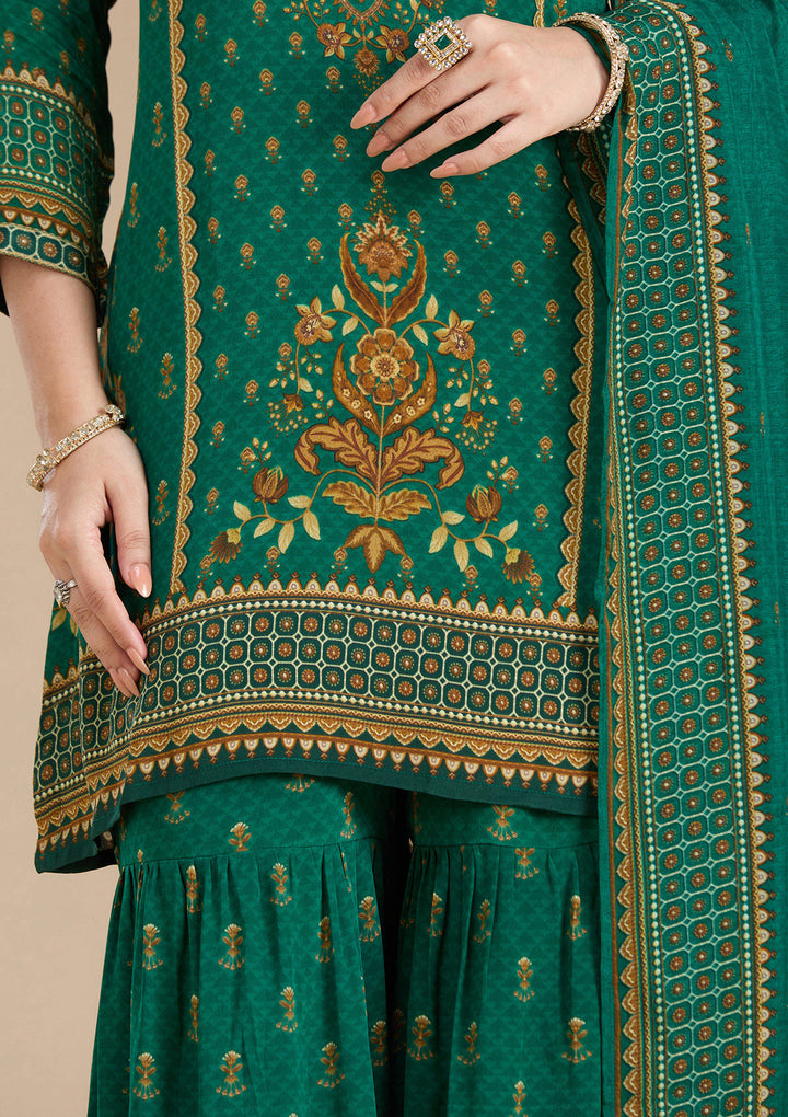 Teal Green Printed Crepe Readymade Salwar Suit