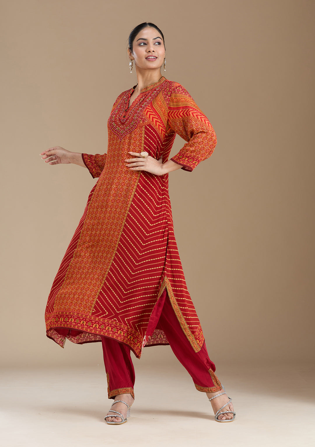 Orange Printed Crepe Readymade Salwar Suit
