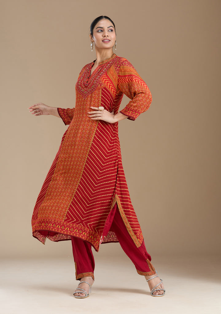 Orange Printed Crepe Readymade Salwar Suit