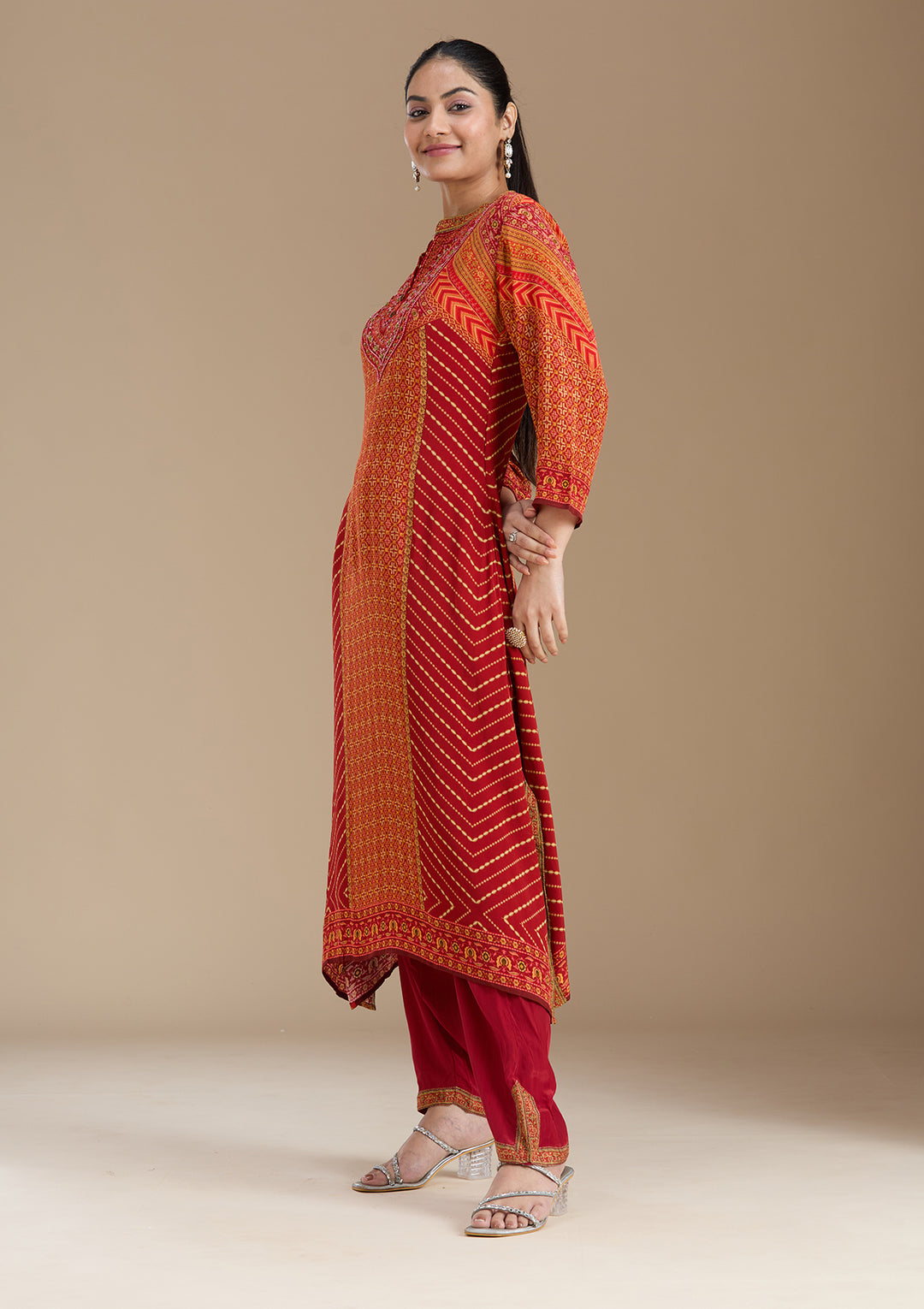 Orange Printed Crepe Readymade Salwar Suit
