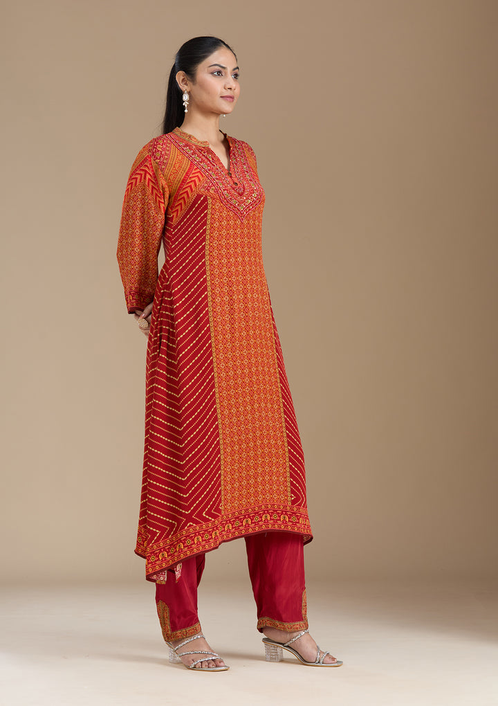 Orange Printed Crepe Readymade Salwar Suit