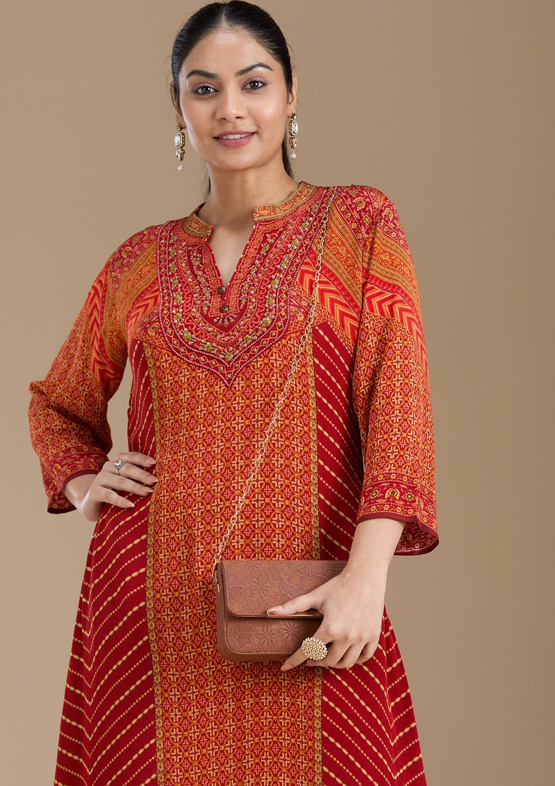 Orange Printed Crepe Readymade Salwar Suit