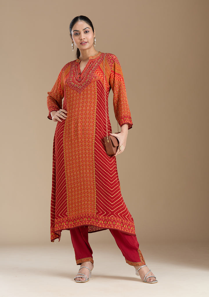 Orange Printed Crepe Readymade Salwar Suit