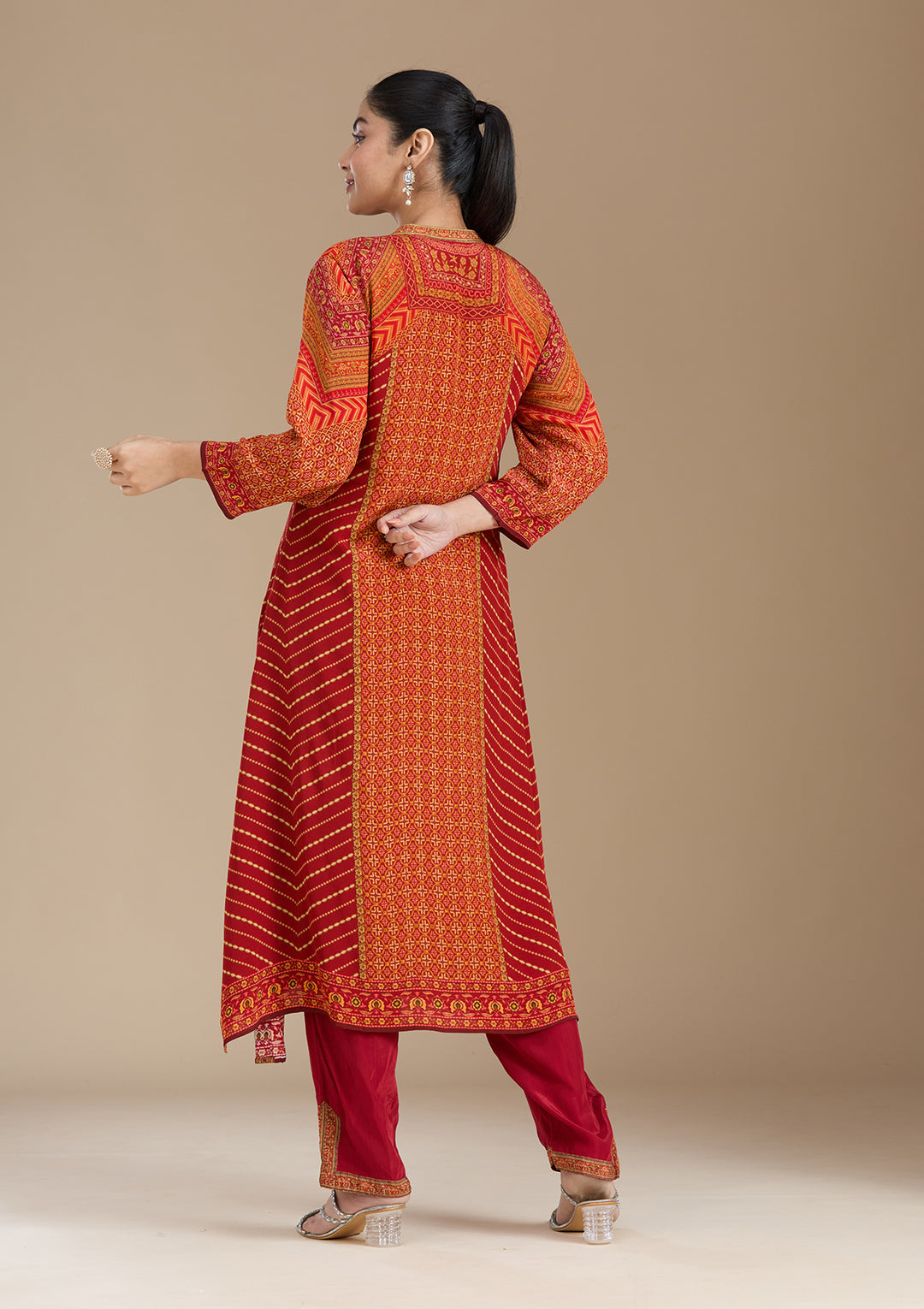 Orange Printed Crepe Readymade Salwar Suit