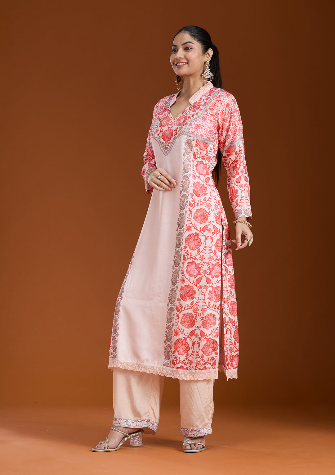 Beige Printed Crepe Readymade Salwar Suit