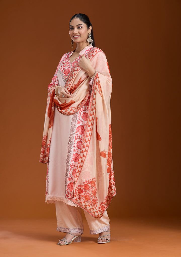 Beige Printed Crepe Readymade Salwar Suit