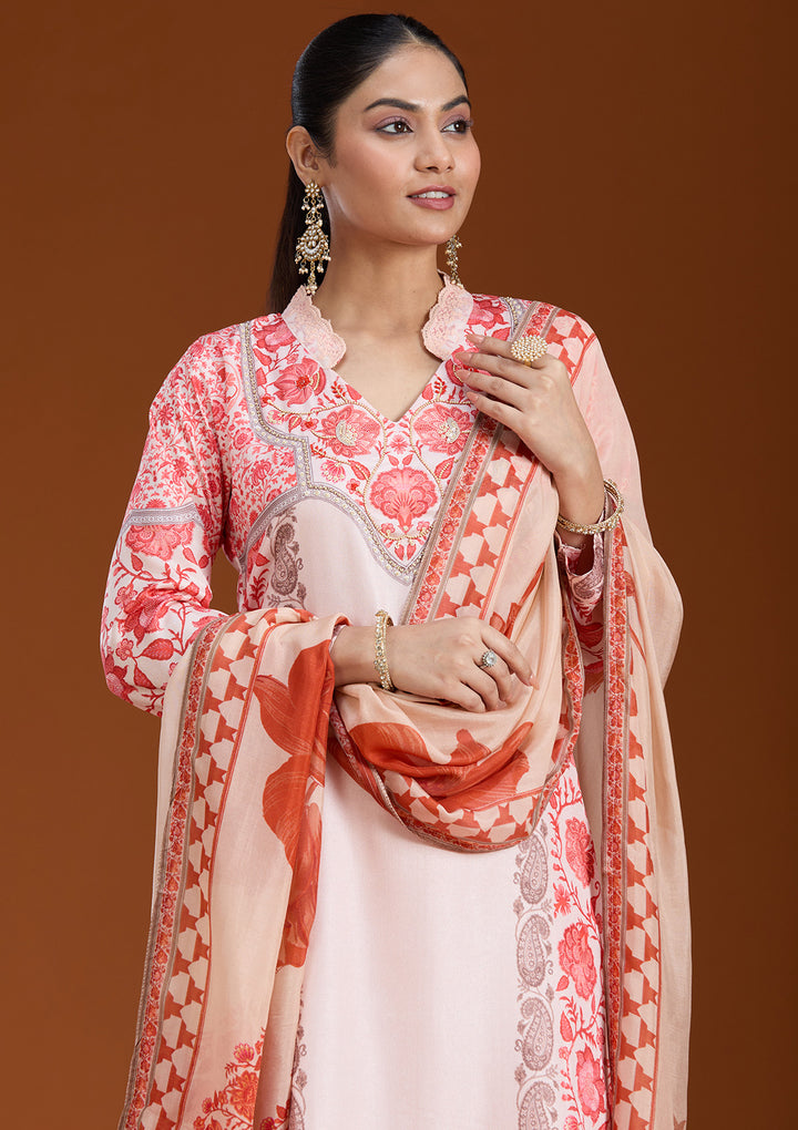 Beige Printed Crepe Readymade Salwar Suit