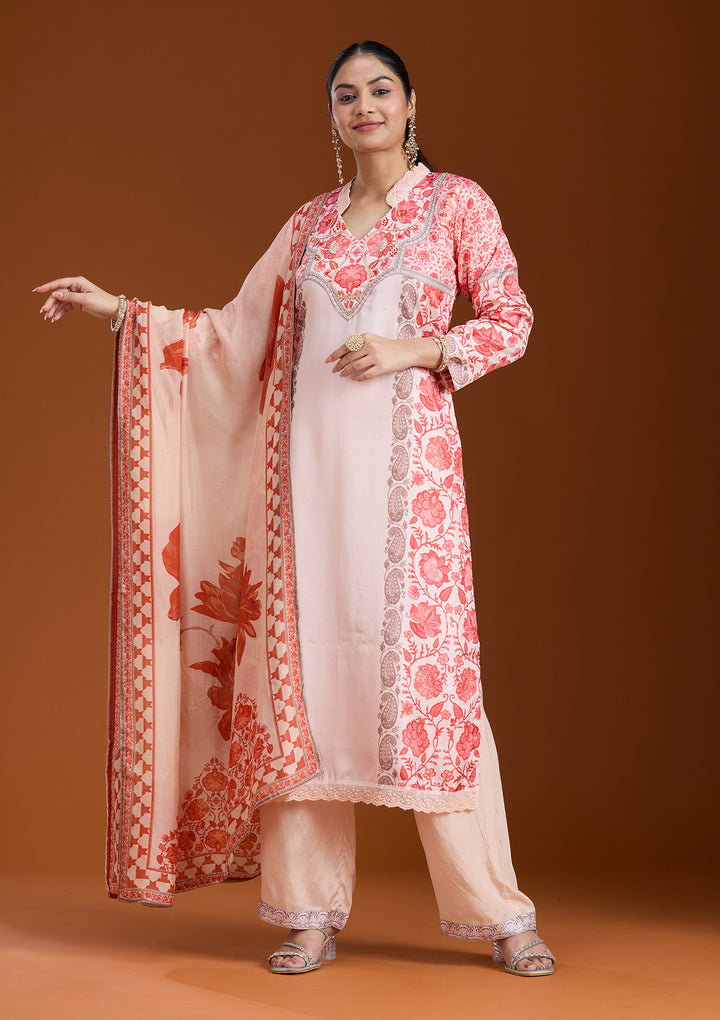Beige Printed Crepe Readymade Salwar Suit