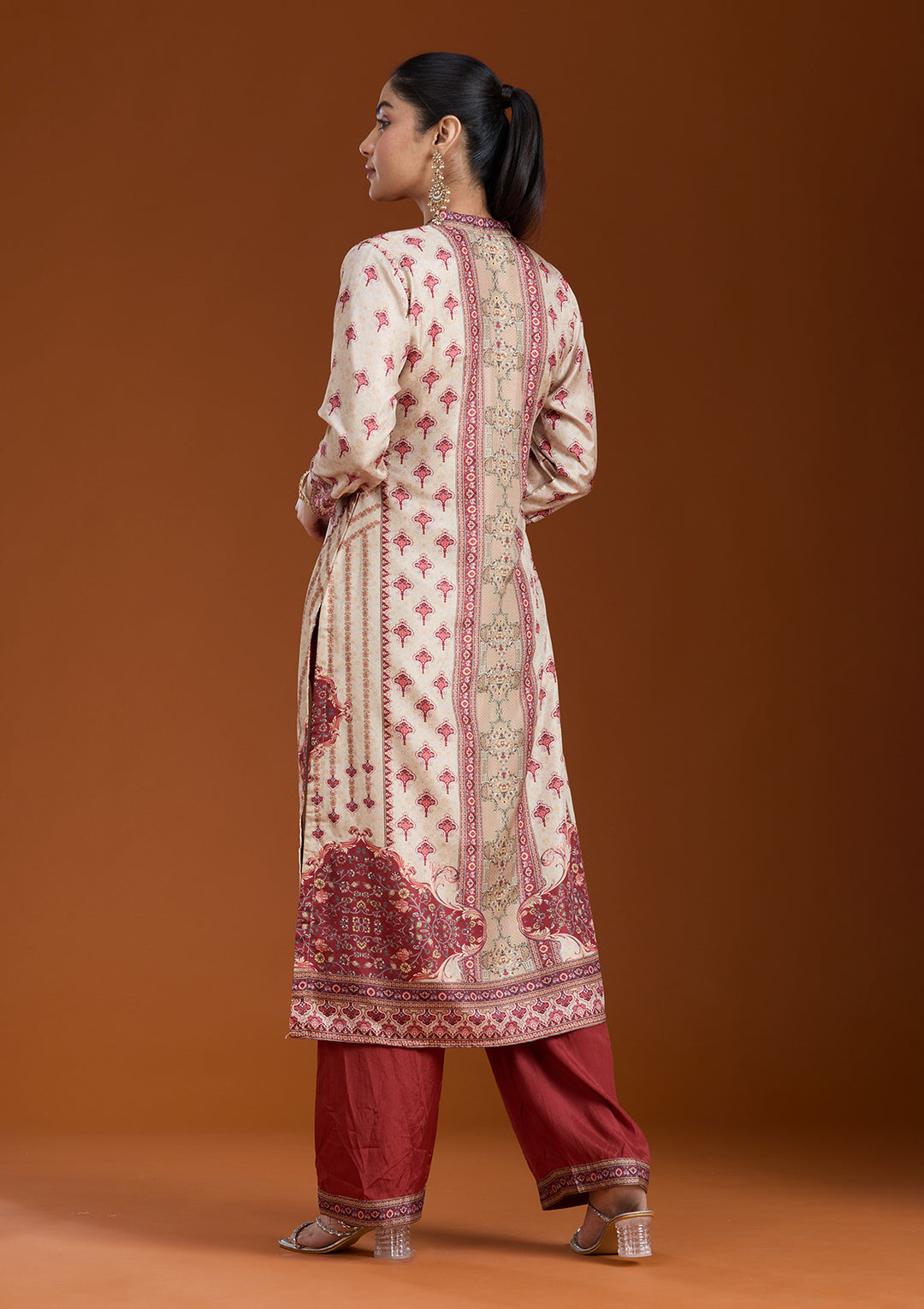 Beige Printed Crepe Readymade Salwar Suit