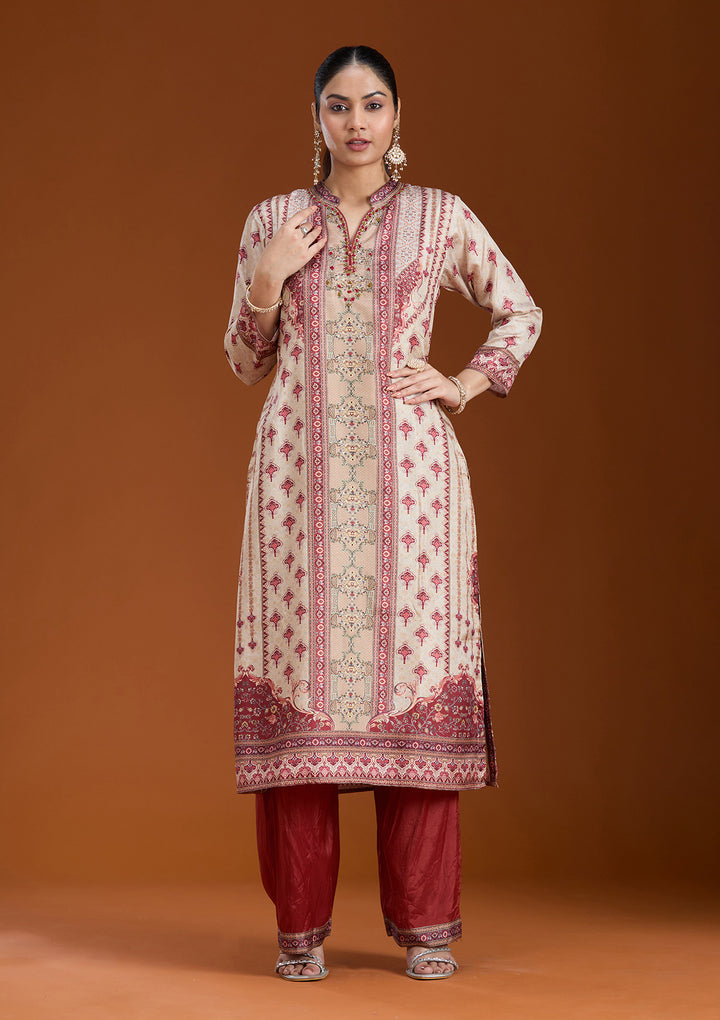 Beige Printed Crepe Readymade Salwar Suit