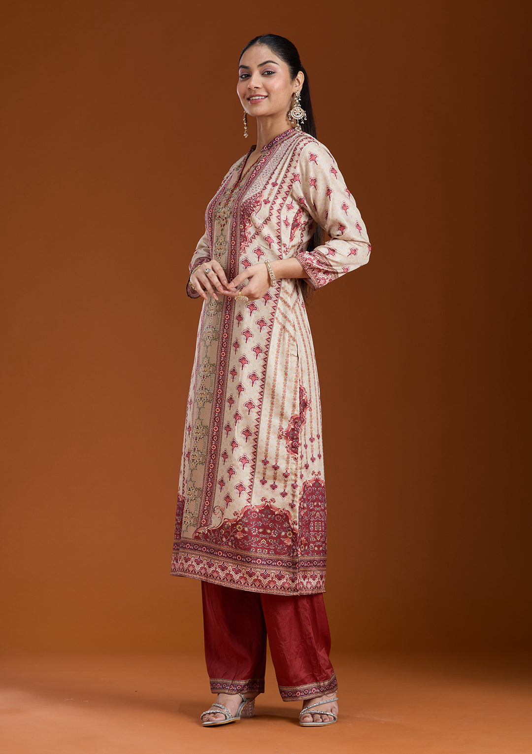 Beige Printed Crepe Readymade Salwar Suit