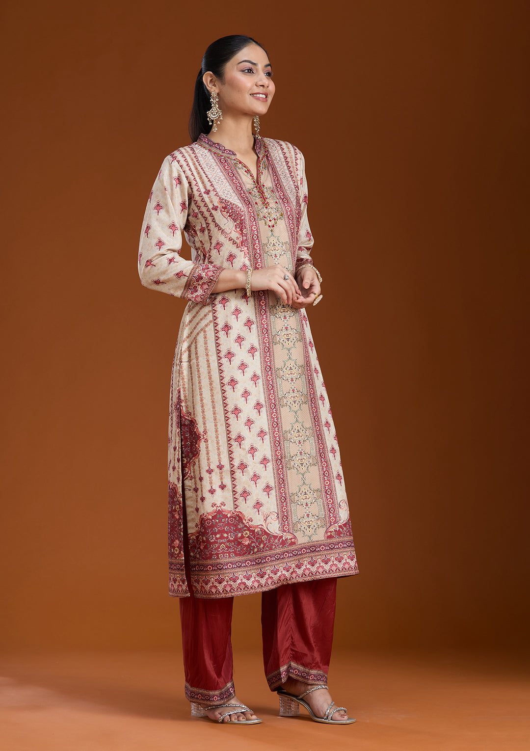 Beige Printed Crepe Readymade Salwar Suit