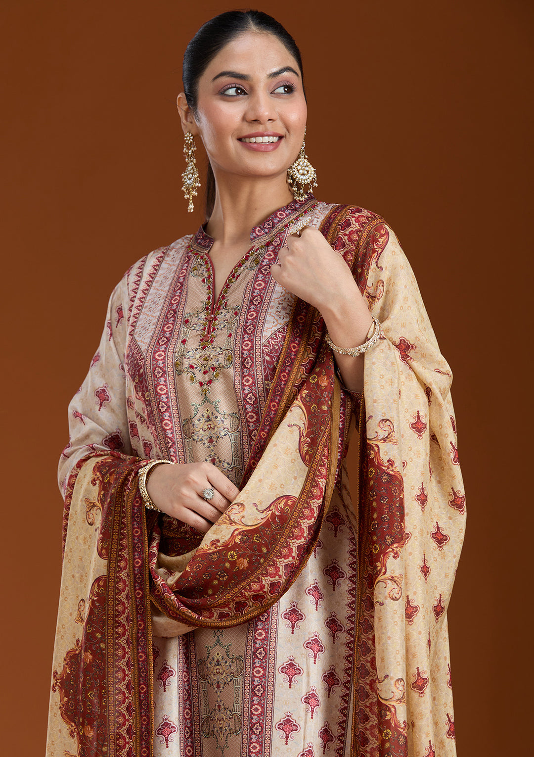 Beige Printed Crepe Readymade Salwar Suit