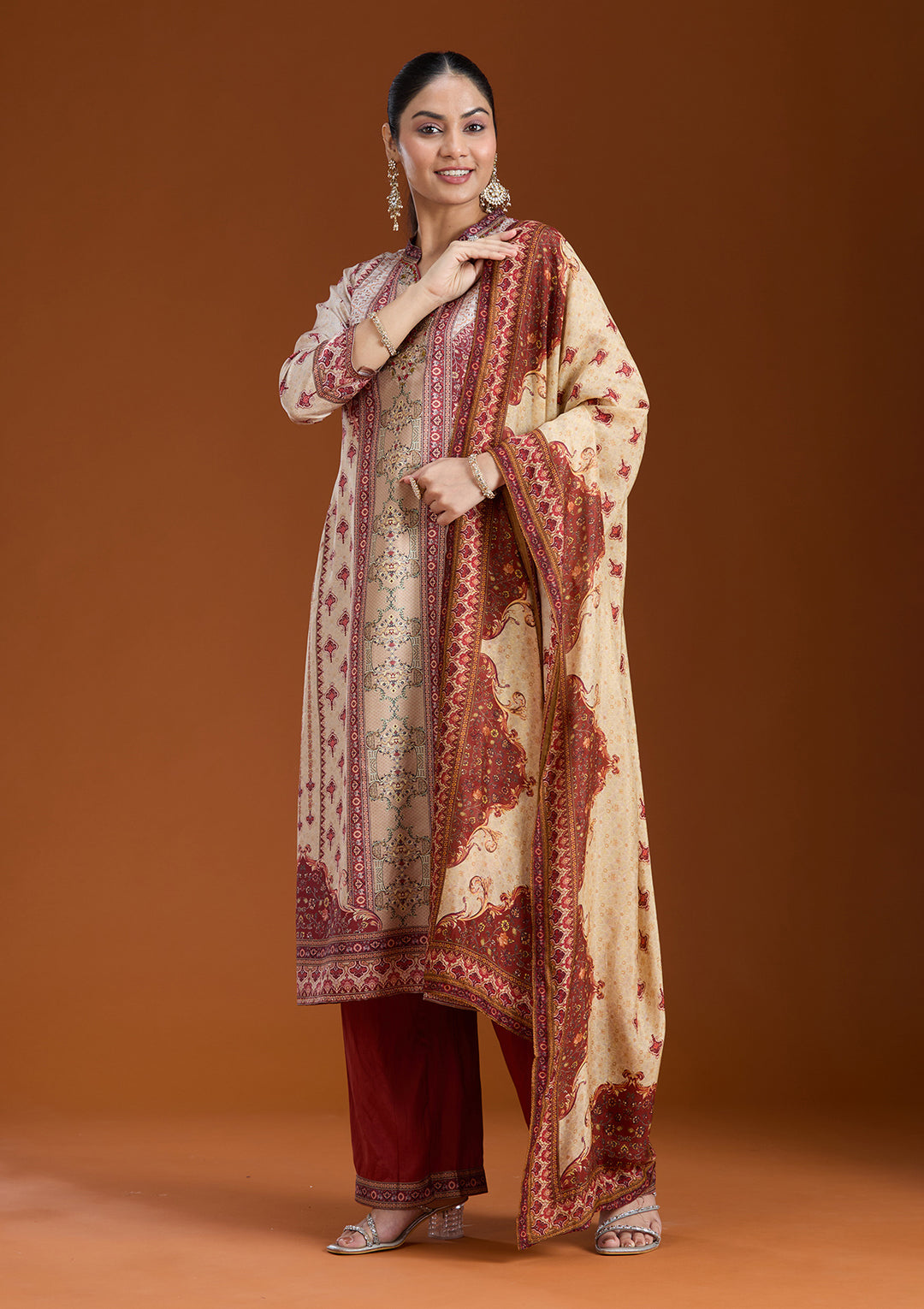 Beige Printed Crepe Readymade Salwar Suit