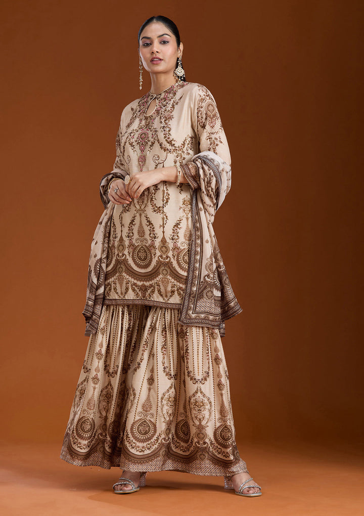 Off White Printed Crepe Readymade Salwar Suit