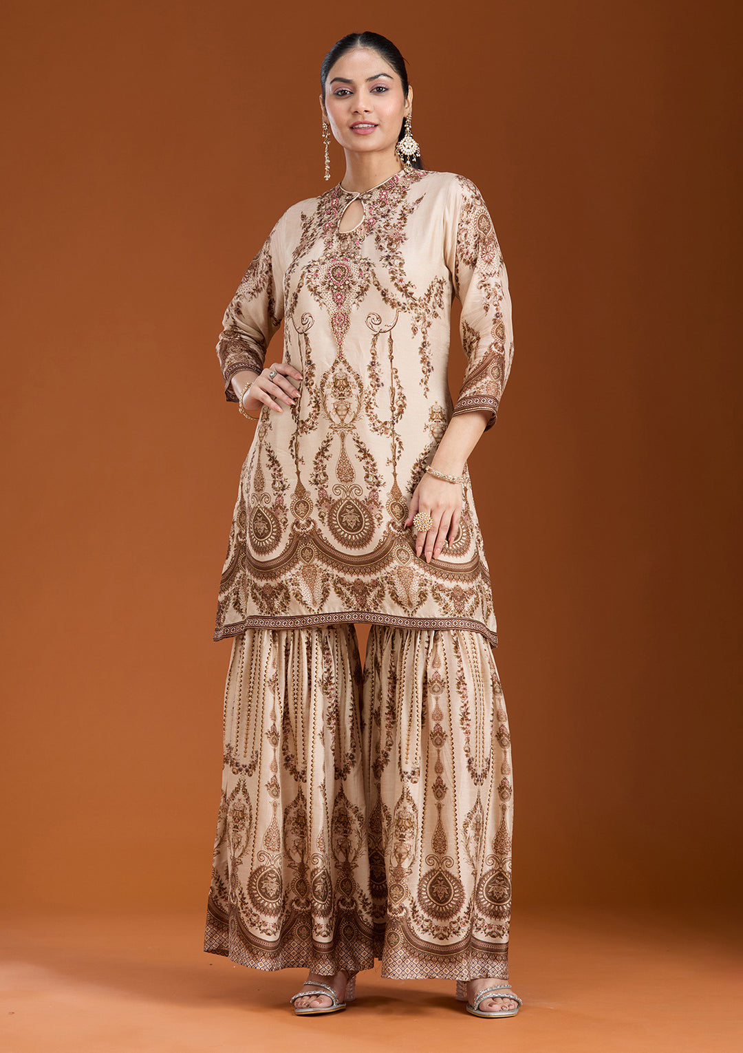 Off White Printed Crepe Readymade Salwar Suit