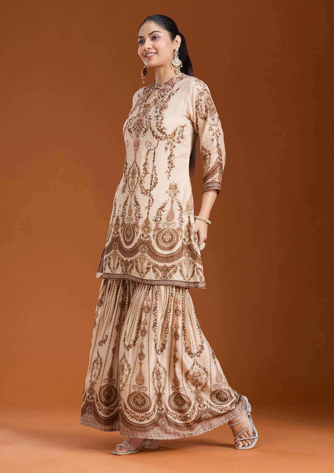 Off White Printed Crepe Readymade Salwar Suit