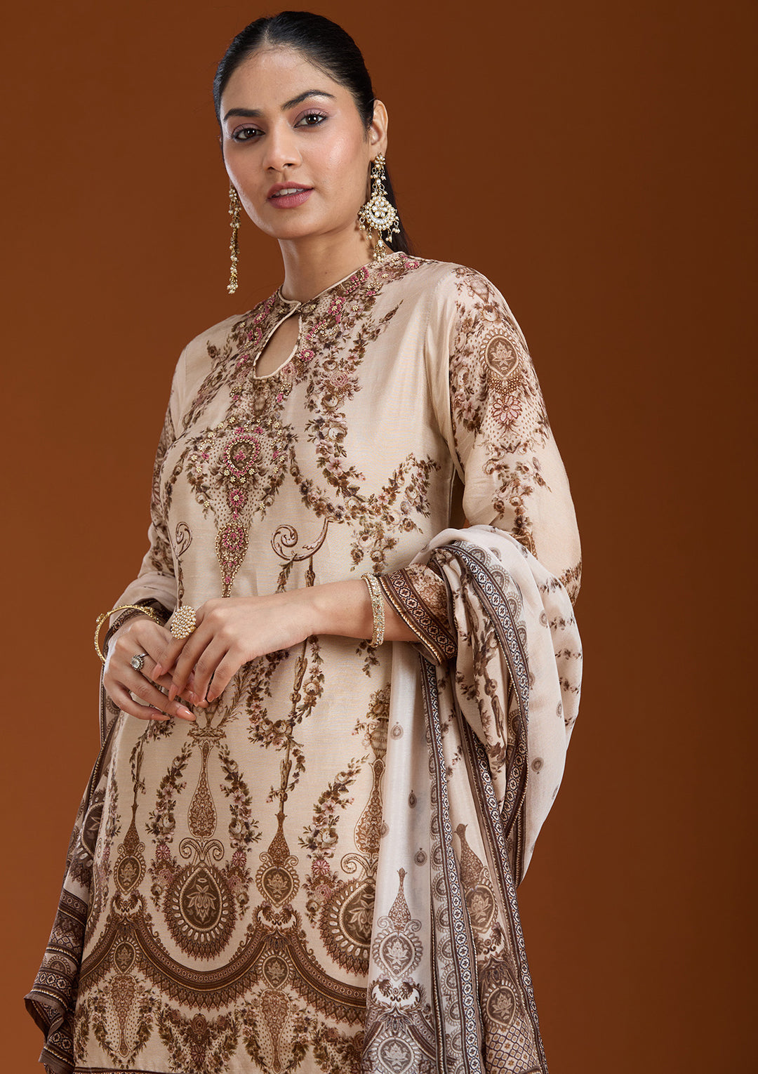 Off White Printed Crepe Readymade Salwar Suit